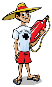 Lifeguard with big sun hat. t-shirt and shorts,  holding floatation device.